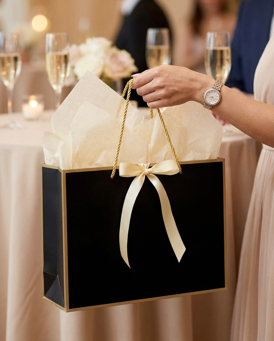 Hand holding a large black gift bag with gold trim at an event