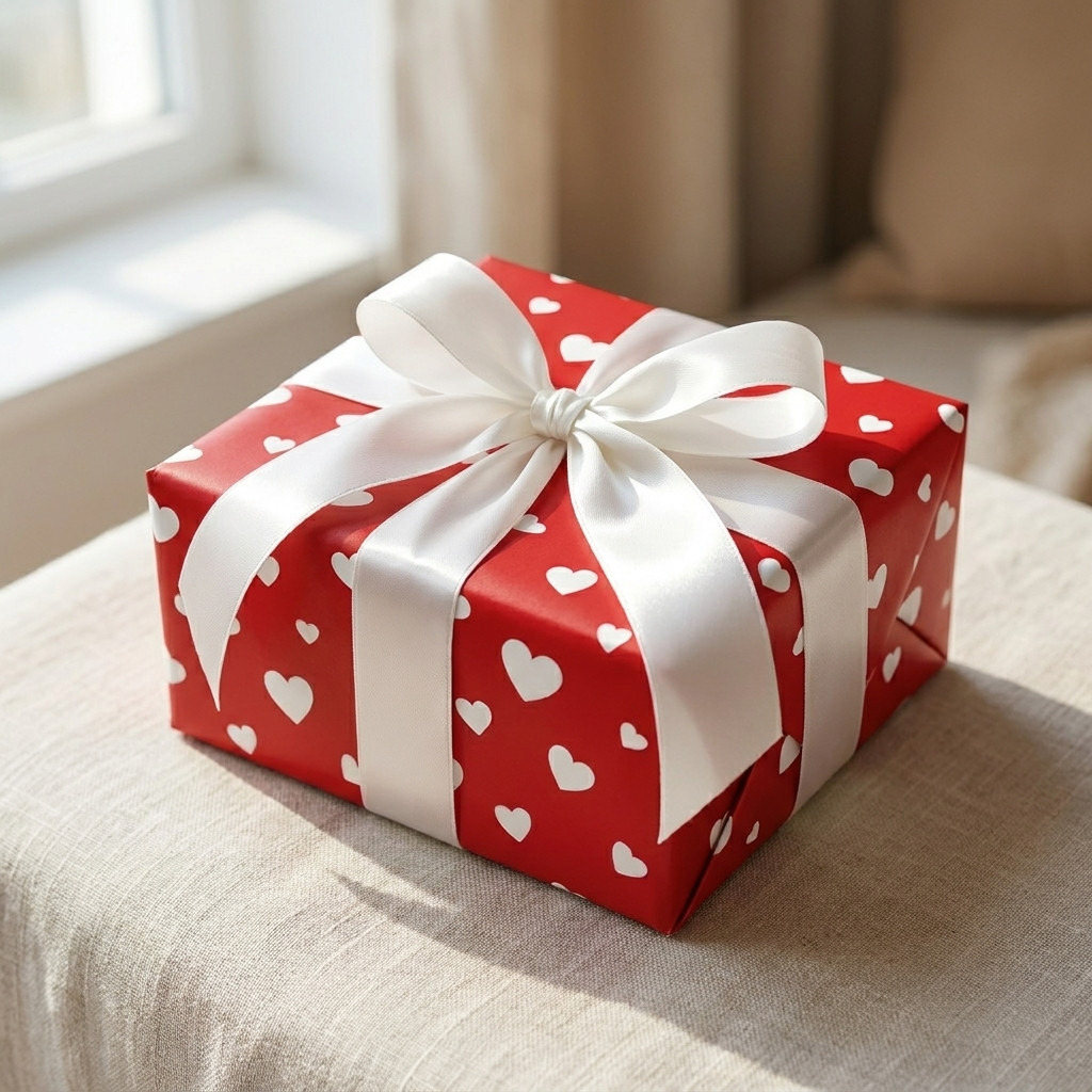 Gift wrapped in red white-heart paper with white ribbon