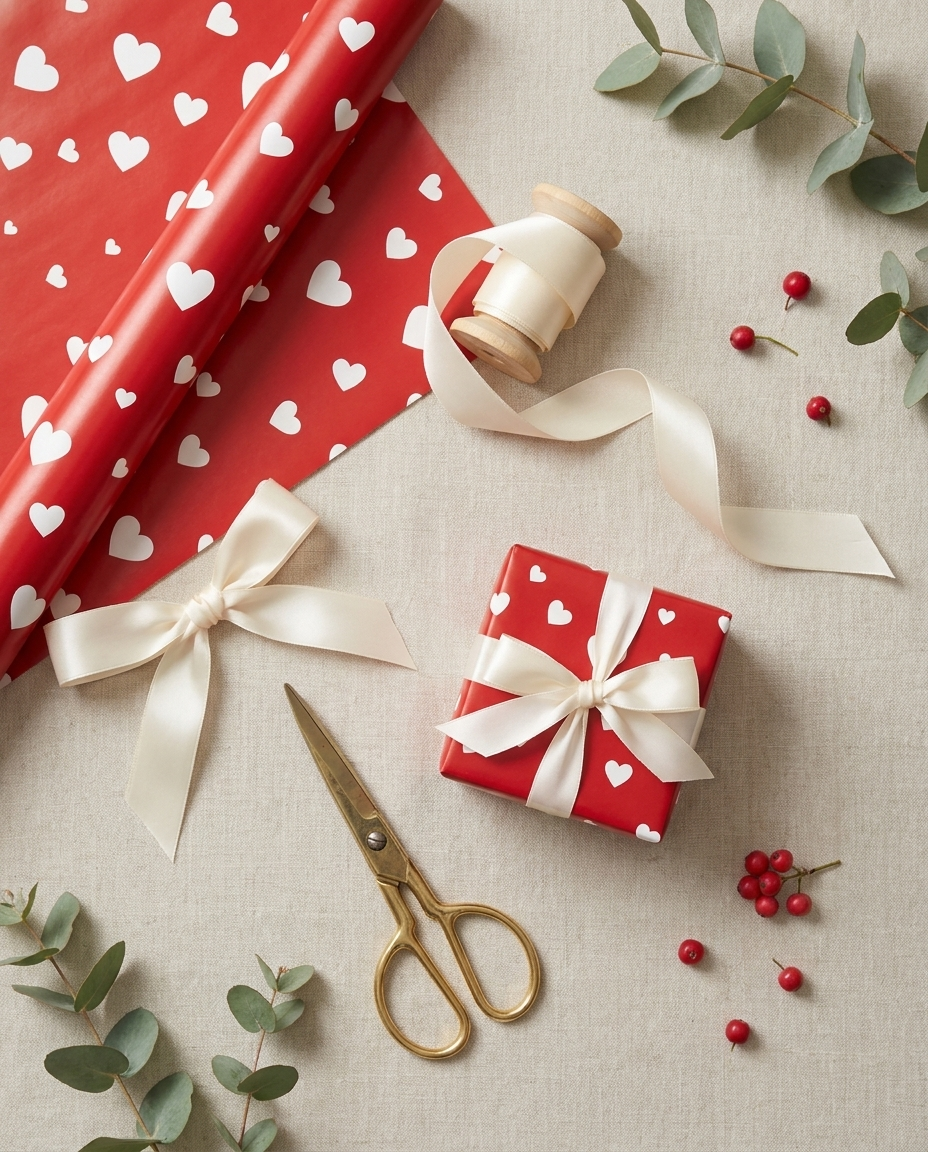 Flat-lay of red heart wrapping paper with white ribbon