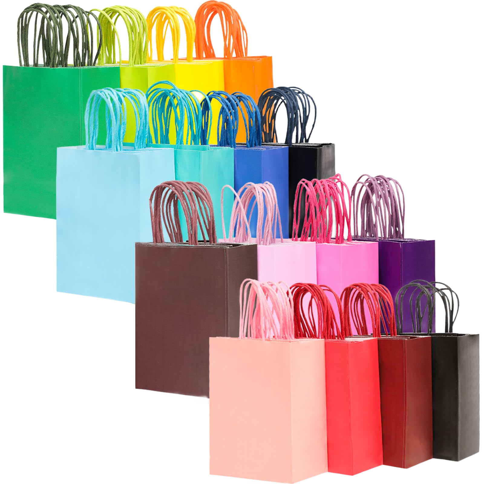Rainbow assortment of medium kraft paper gift bags, 60 pack 16 colors