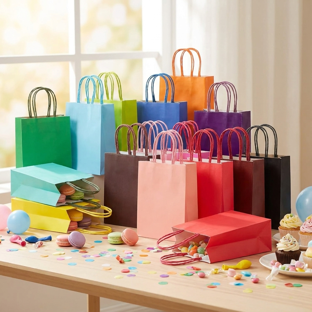 Colorful gift bags arranged on a festive party table
