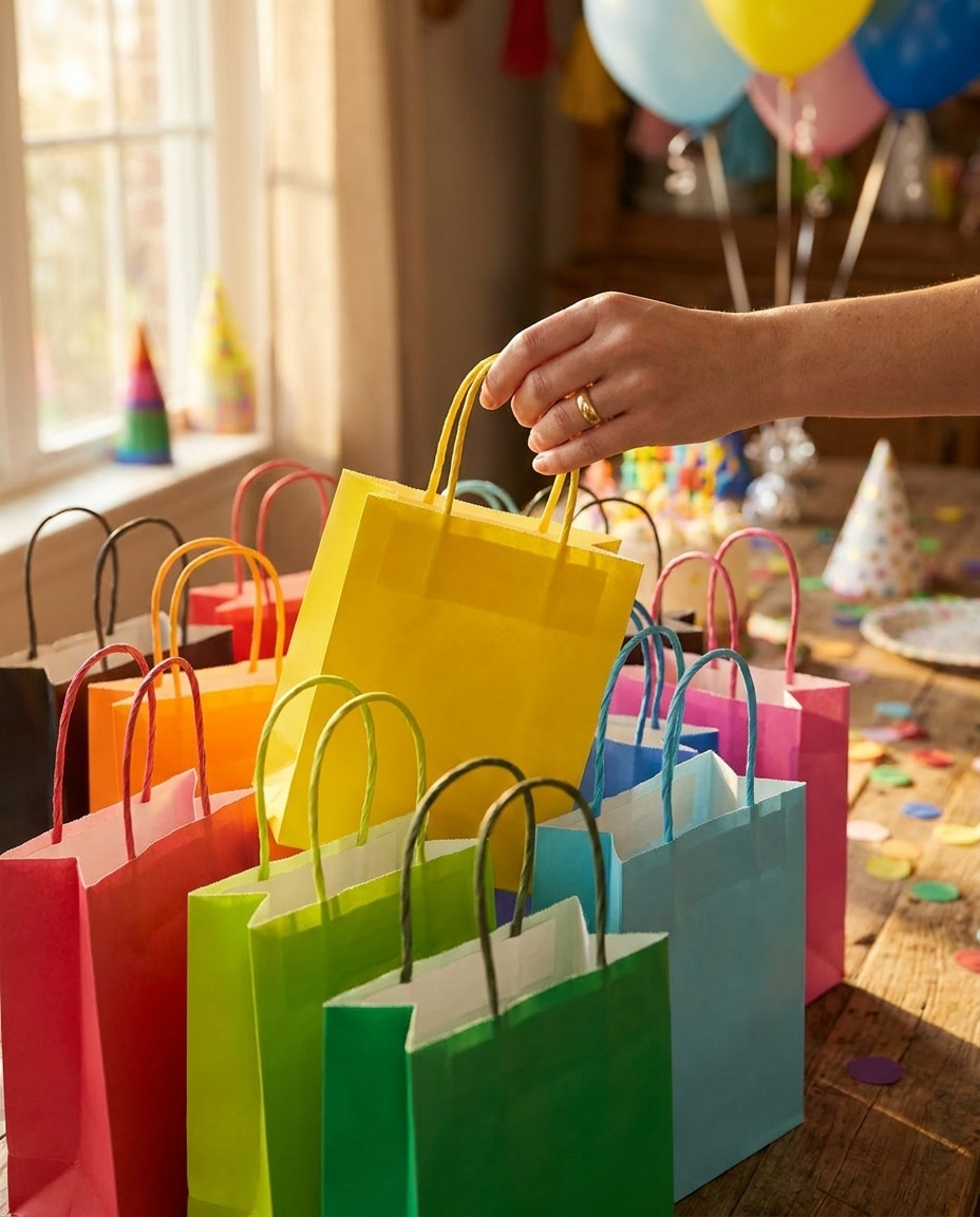 Hand picking up a colorful gift bag at a party favor station