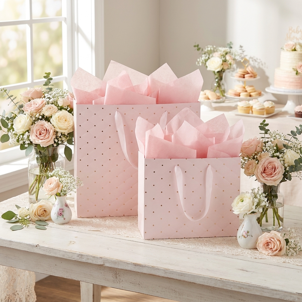 Pink gold-dot gift bags with tissue on a baby shower table