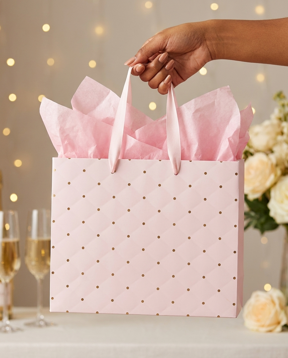 Hand holding a pink gold-dot gift bag with tissue paper