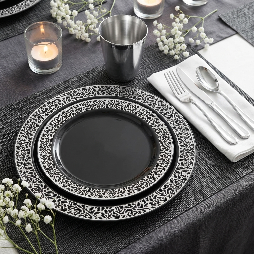 Black silver-lace place setting with silver cutlery, cup and baby's breath