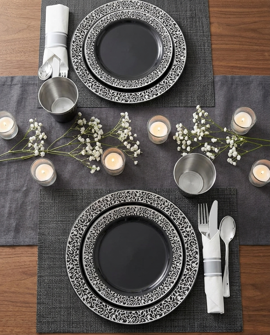 Overhead flat-lay of black silver dinnerware table setting for two