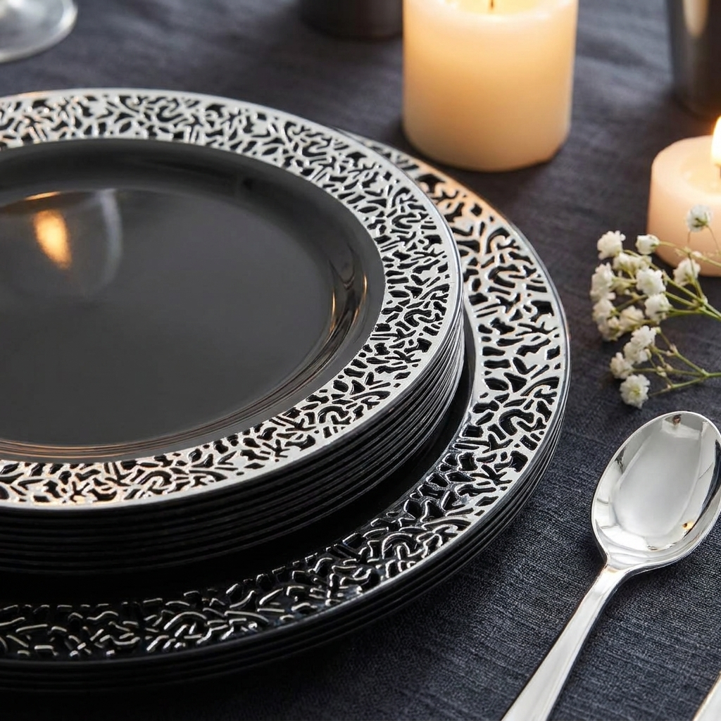 Close-up of black plate with silver lace filigree rim