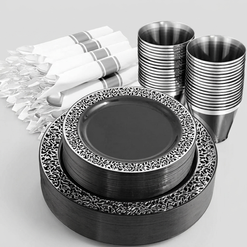 Full 210-piece black silver set: plates, prewrapped cutlery, cups and napkins