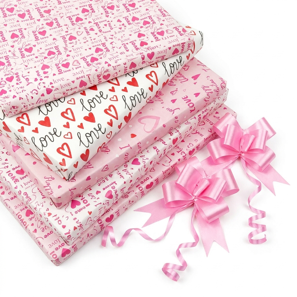 Pink Valentine's heart and love wrapping paper with pink pull bows