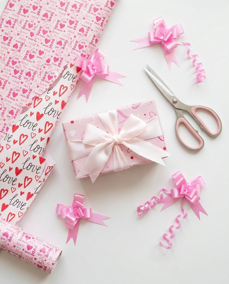 Flat-lay of pink heart wrapping paper with pink pull bows and gift