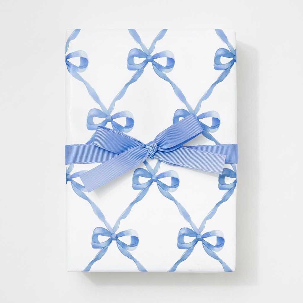 Gift wrapped in blue watercolor bow lattice wrapping paper