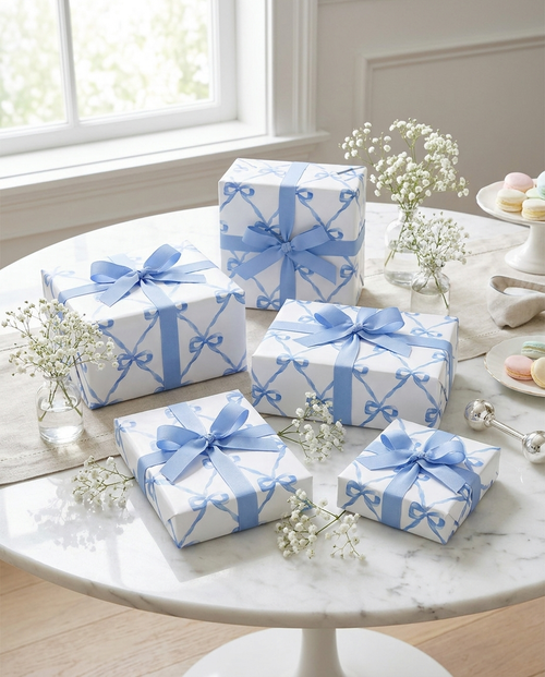 Blue bow wrapped gifts styled with florals at a baby shower