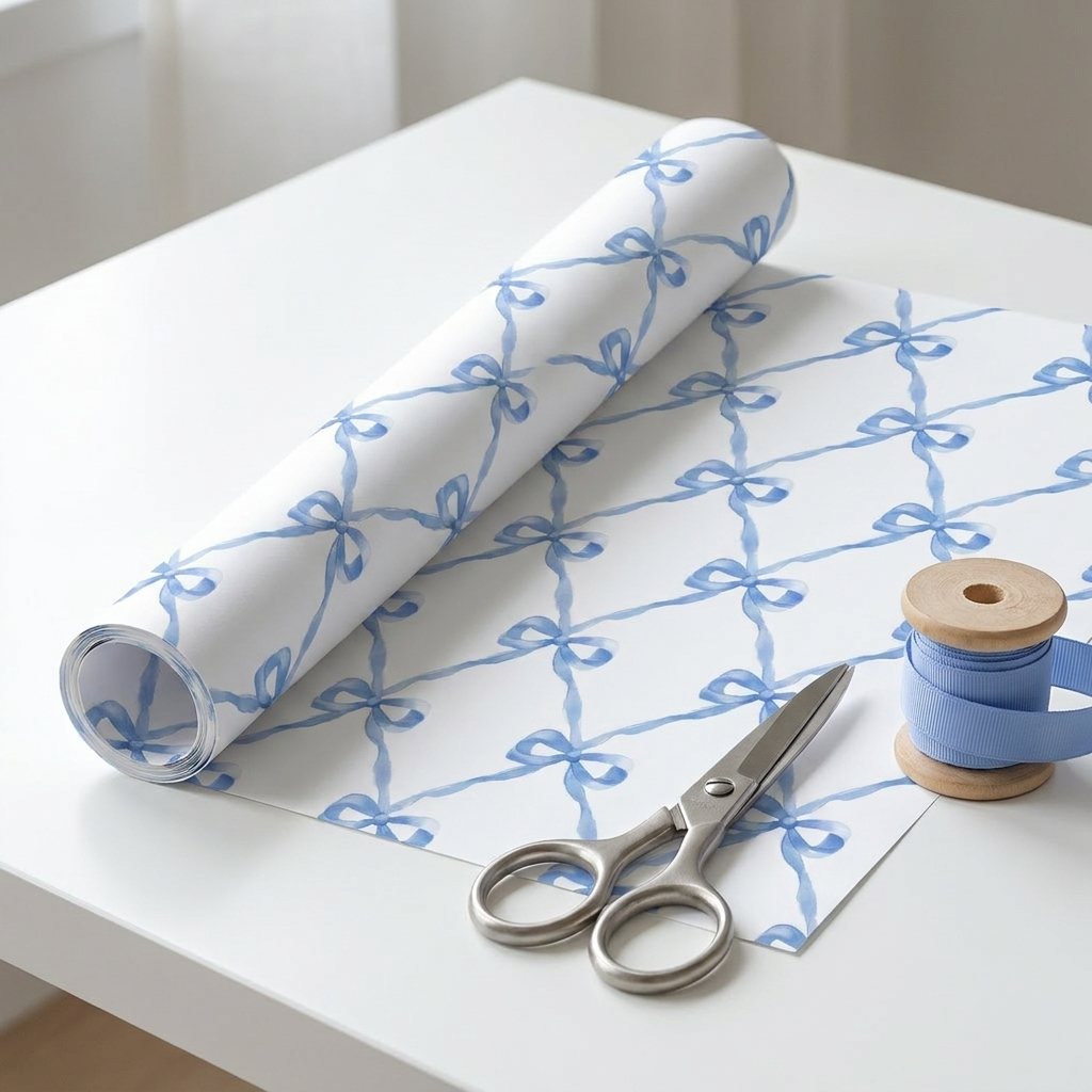 Flat sheet of blue bow wrapping paper with scissors and ribbon