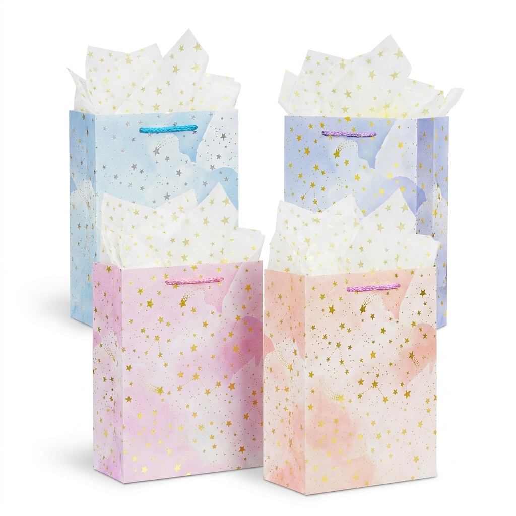 Four pastel watercolor star gift bags with gold foil and tissue paper