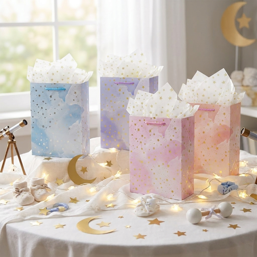 Pastel star gift bags on a celestial-themed baby shower table