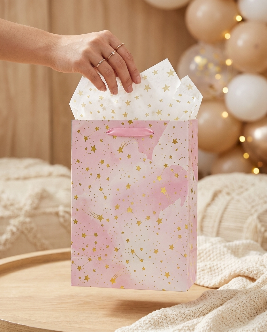 Hand holding a pastel watercolor star gift bag with tissue paper