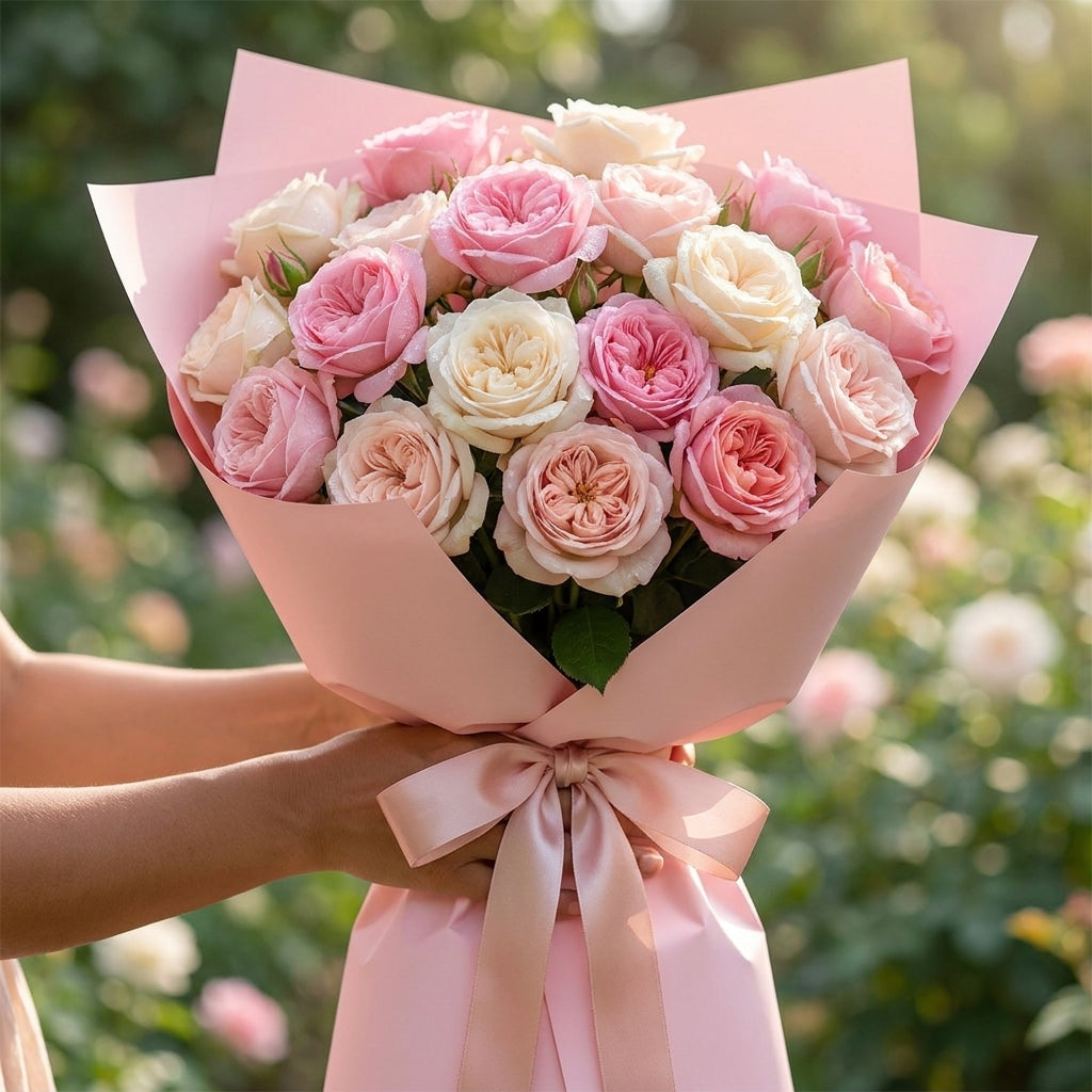 Rose bouquet wrapped in pink waterproof bouquet paper