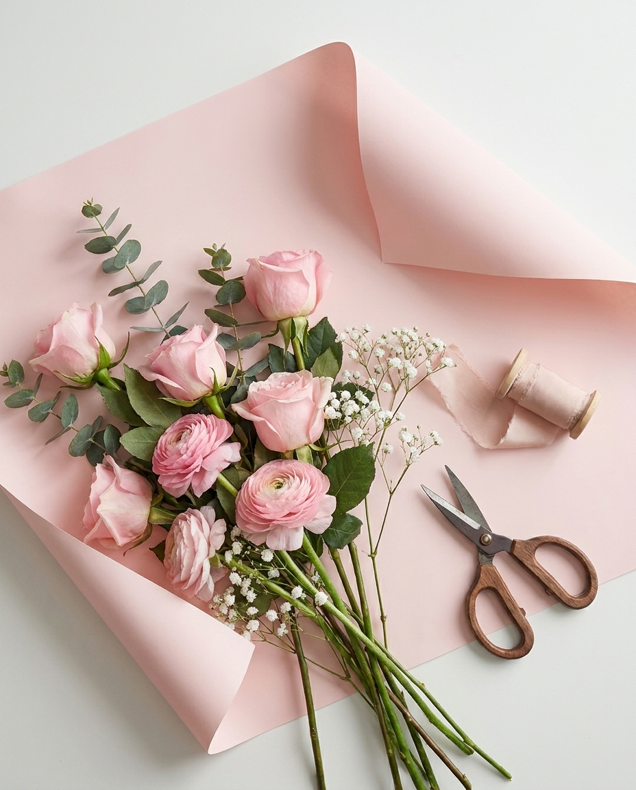 Flat-lay of pink bouquet wrapping paper with fresh flowers and ribbon