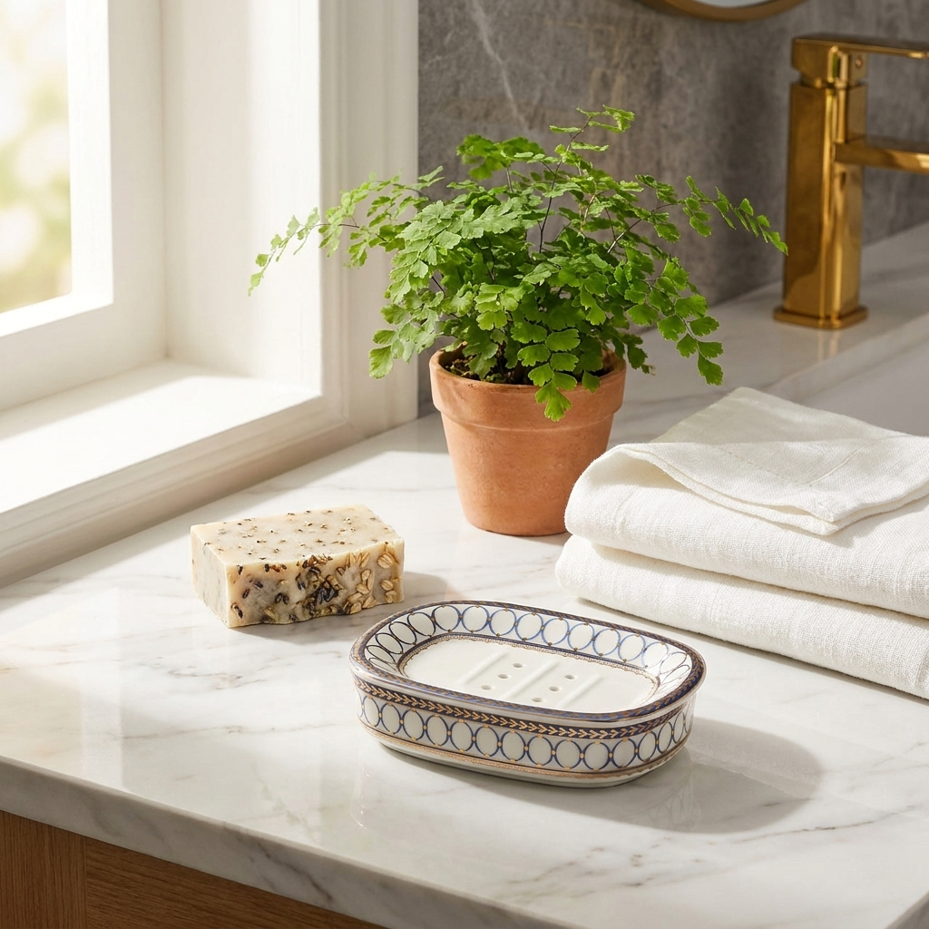 Elegant striped ceramic soap dish on a marble bathroom counter with artisan soap and potted plant