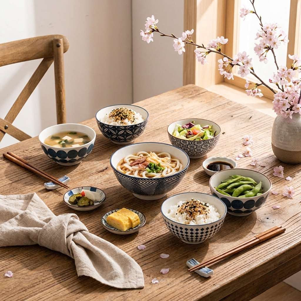 Hefeng floral porcelain bowl set styled on a dining table with chopsticks and cherry blossom sprigs