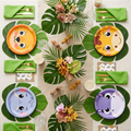 Safari Soiree jungle animal party tablescape with 180-piece set including dinner plates, dessert plates, cups and napkins