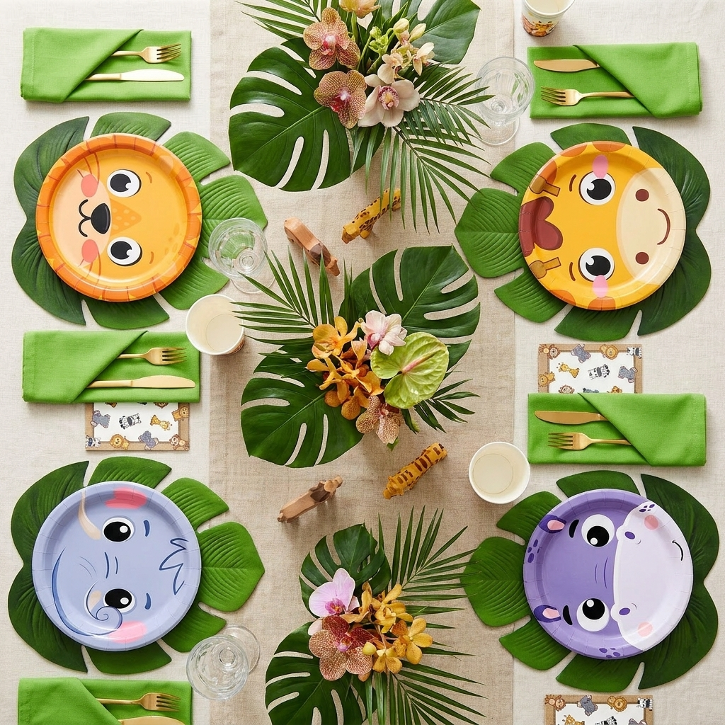 Safari Soiree jungle animal party tablescape with 180-piece set including dinner plates, dessert plates, cups and napkins
