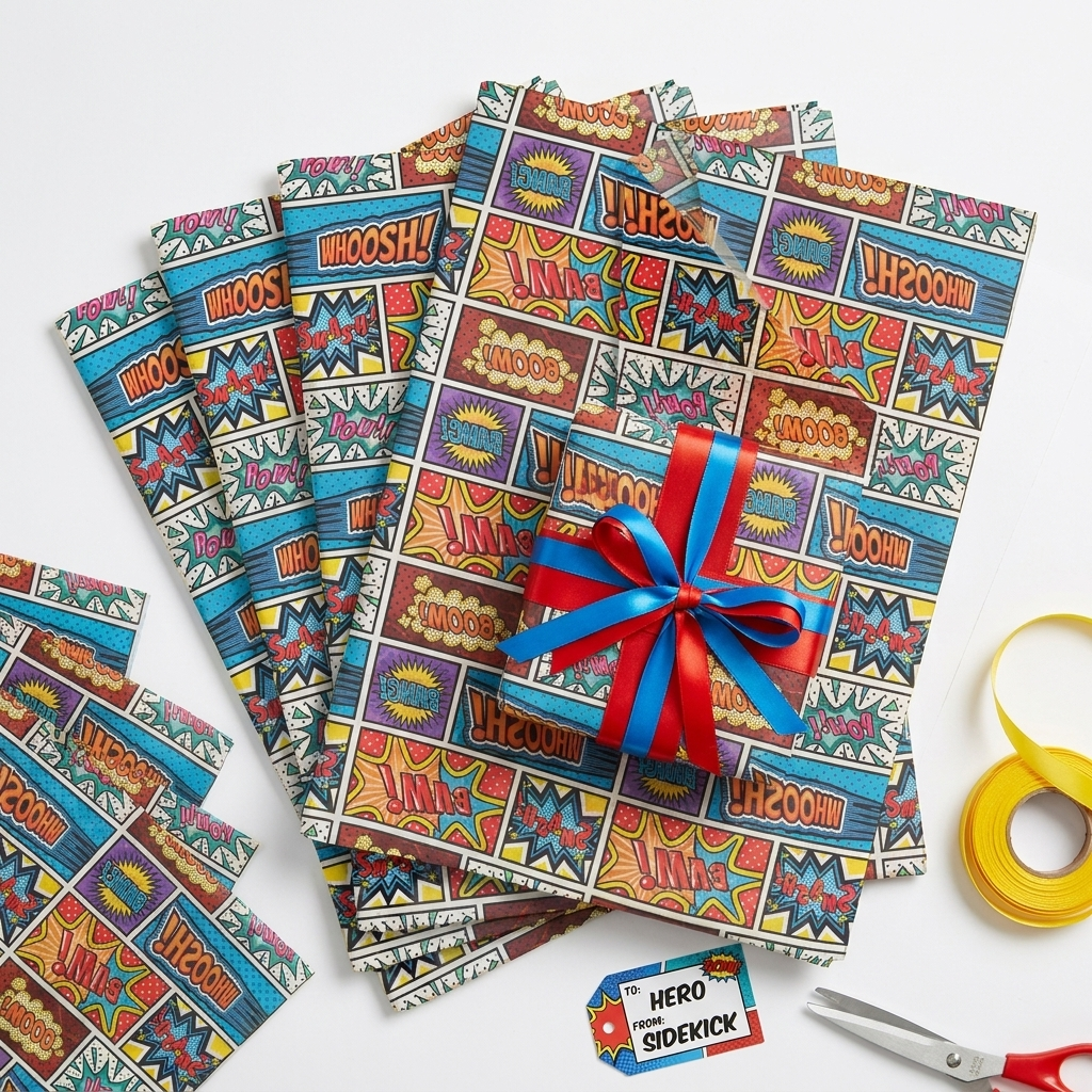 Superhero comic printed tissue paper gift wrap flat-lay with wrapped gift box and ribbon