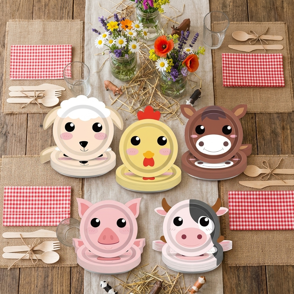 Farm animal shaped birthday party plates set styled with red gingham napkins and burlap runner