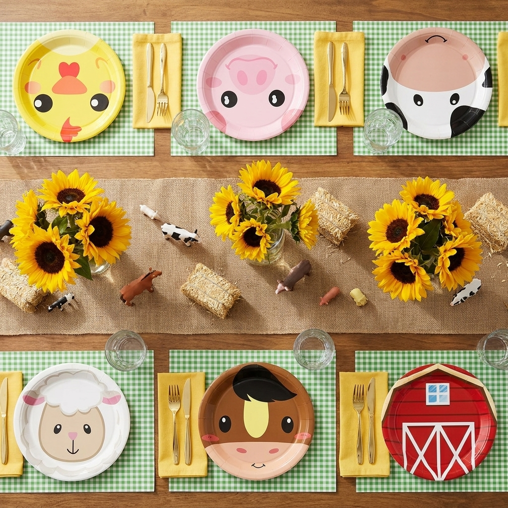 Farm Fete 60-piece farm animal party plates styled birthday tablescape with sunflowers and burlap runner