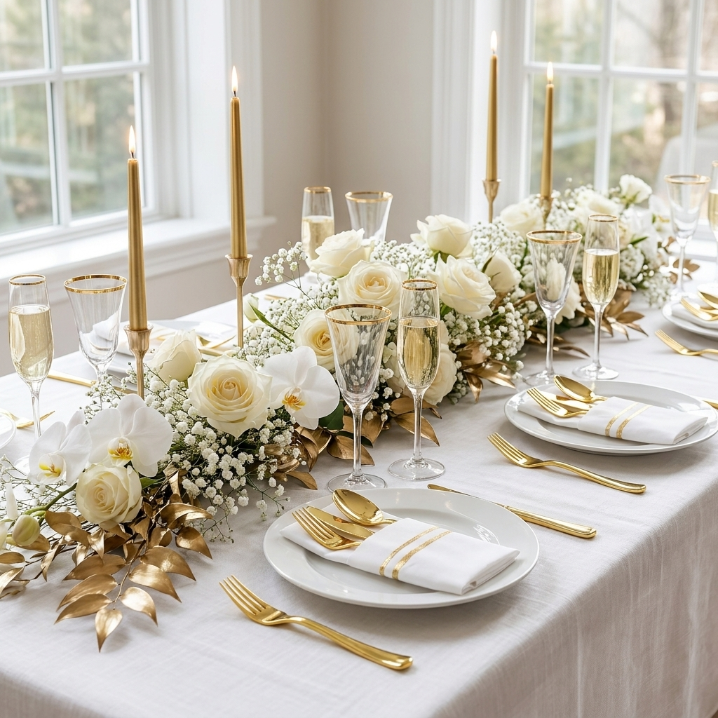 White and gold pre-rolled plastic cutlery set arranged on a bridal shower tablescape with white plates and gold-rimmed glassware