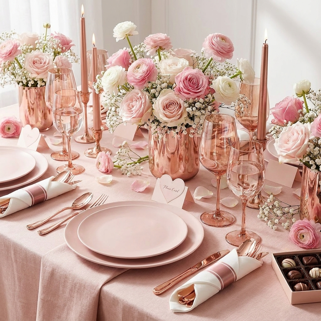 Rose gold pre-rolled plastic cutlery set on a romantic Valentine's Day tablescape with blush pink plates and pink florals