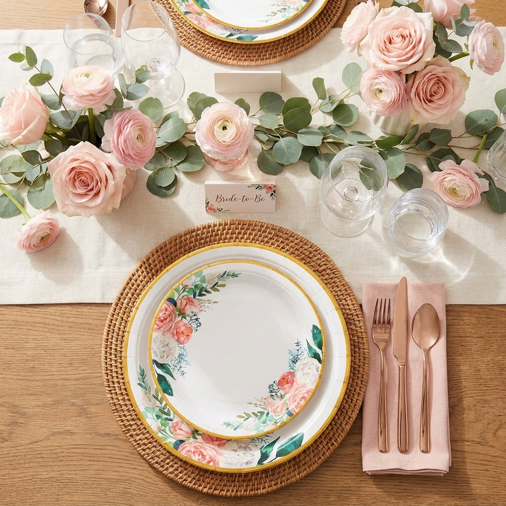 Round floral paper plates bridal shower tablescape with blush pink napkins and pink rose florals
