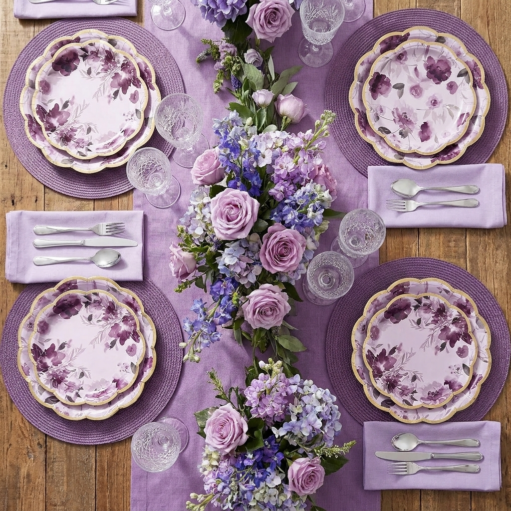 Purple floral paper plates elegant garden party tablescape with lavender napkins and violet florals