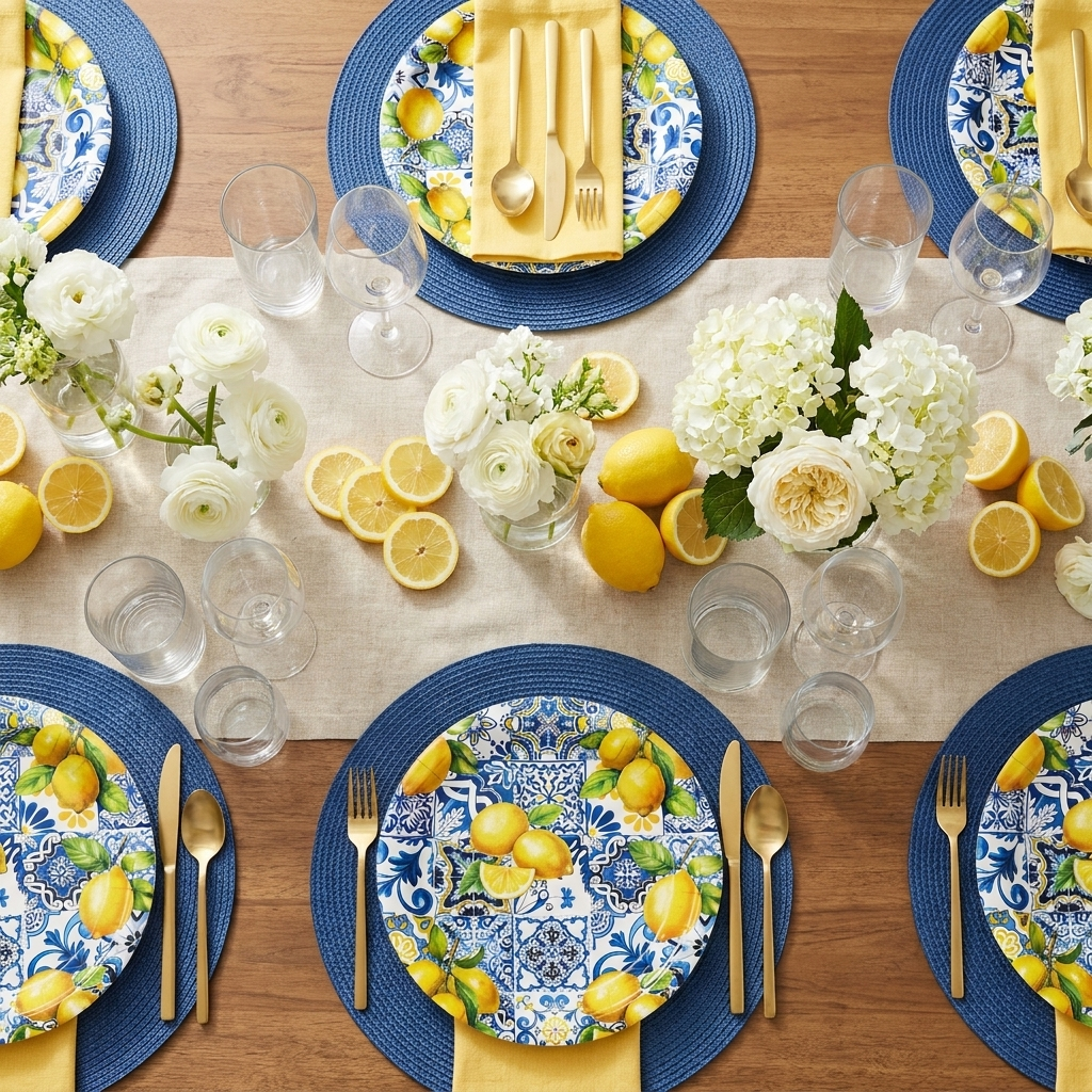 Lemon and blue tile summer party plates tablescape with yellow napkins and fresh lemon slice garnishes