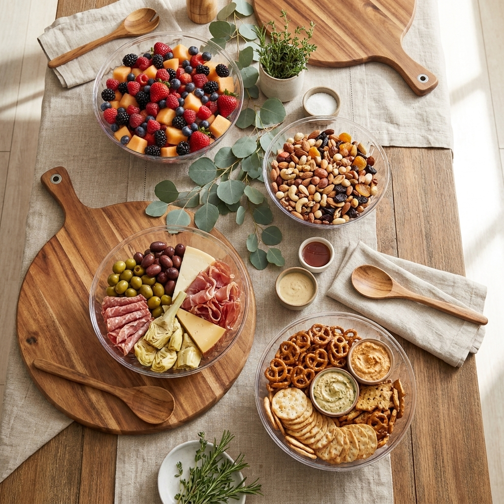 Styled buffet grazing scene with clear serving bowls filled with fruit, nuts, and snacks on a linen-covered table