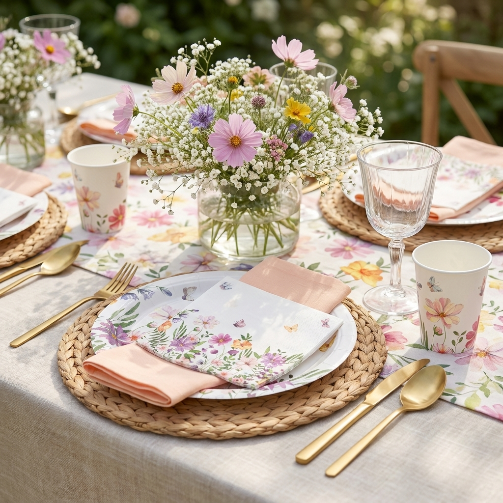 Spring floral party table place setting with disposable plates cups napkins and gold cutlery