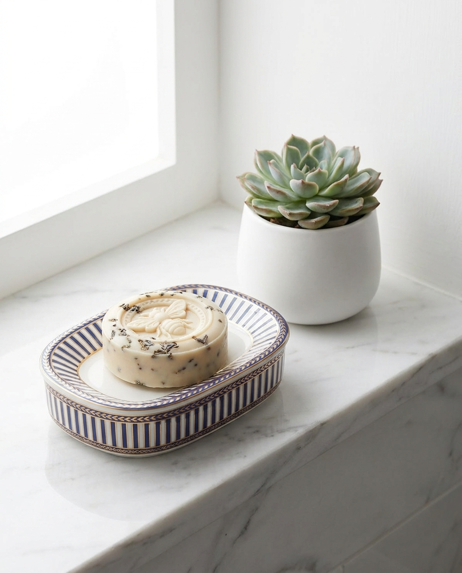 Close-up of striped ceramic soap dish with bar of soap on marble bathroom shelf