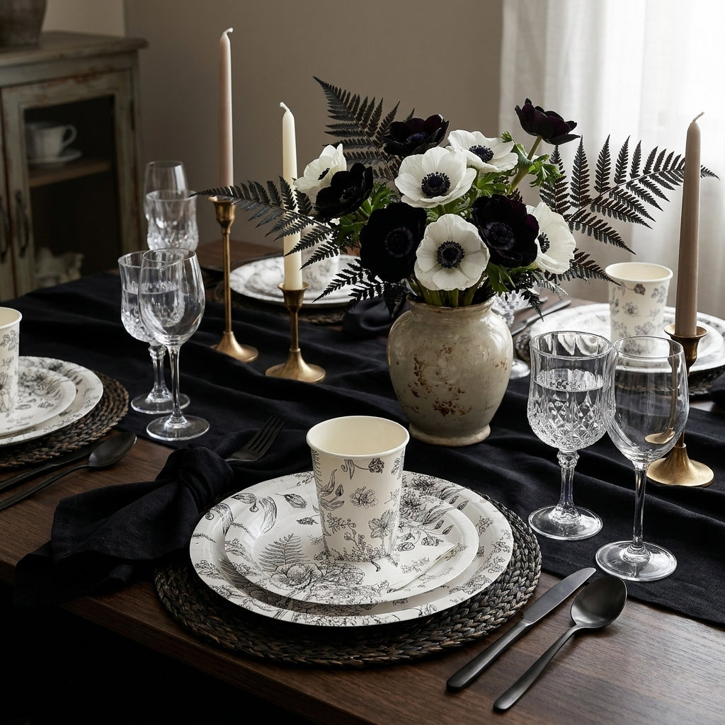 Black and white floral vintage table setting with disposable plates cups napkins and dark cutlery