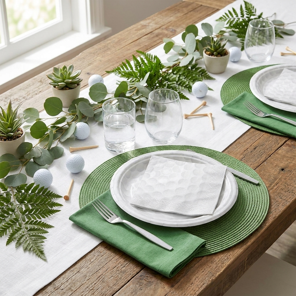 Golf-themed party table setting with disposable plates napkins and forks on green linen