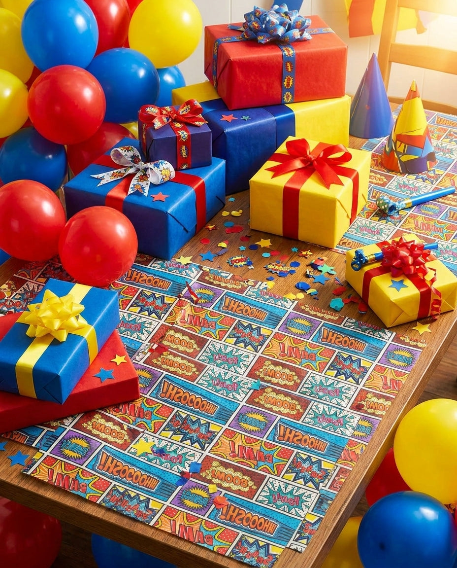Superhero comic tissue paper fanned across a festive birthday party table with gifts and balloons