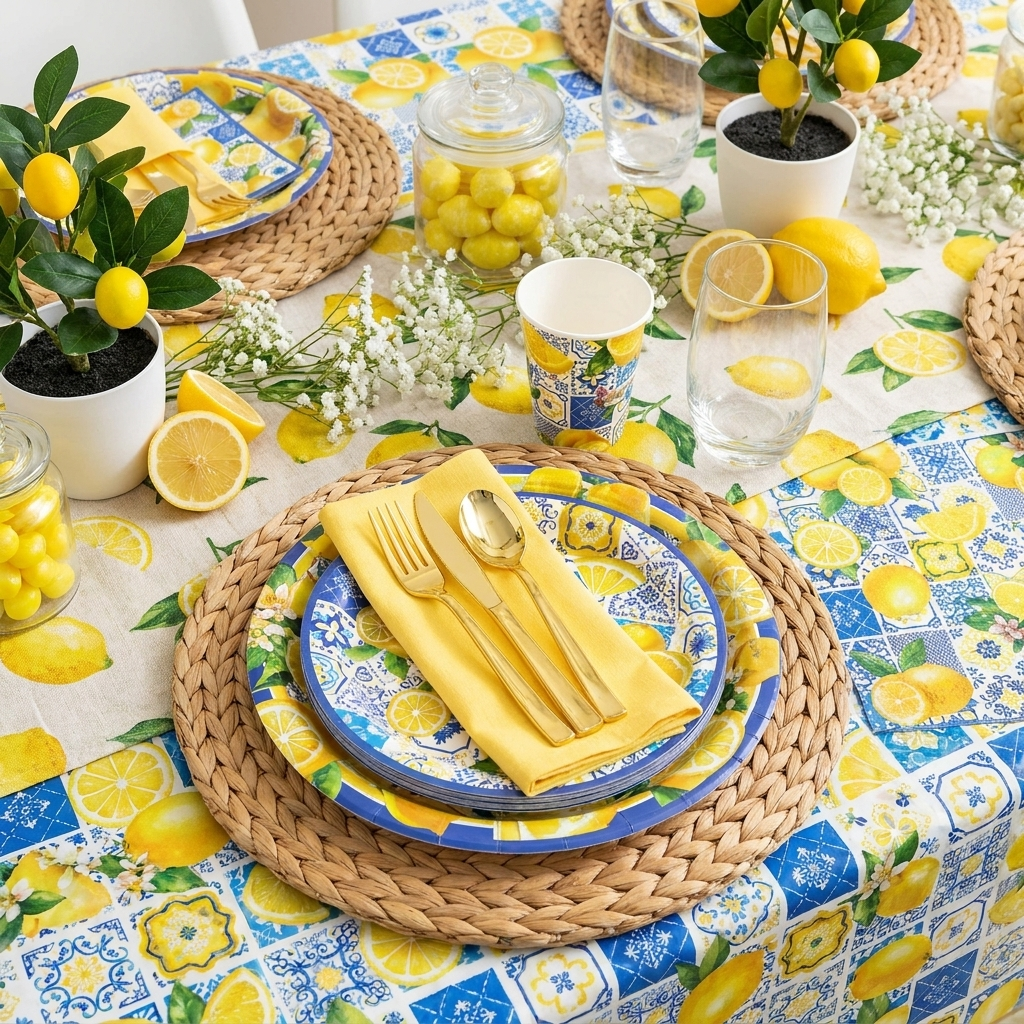 Yellow lemon baby shower table setting with disposable plates cups napkins and gold cutlery