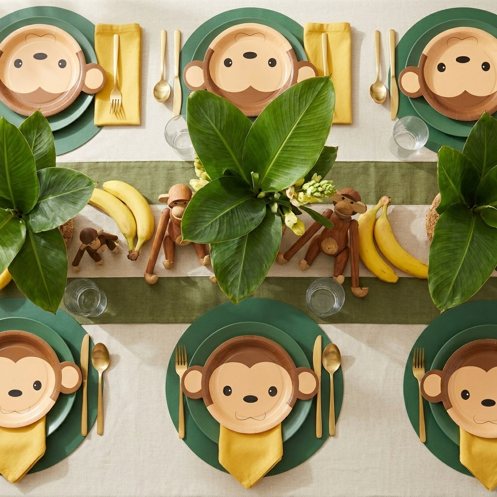 Monkey Zoo 50-pack party plates styled kids birthday tablescape with jungle green napkins and gold cutlery