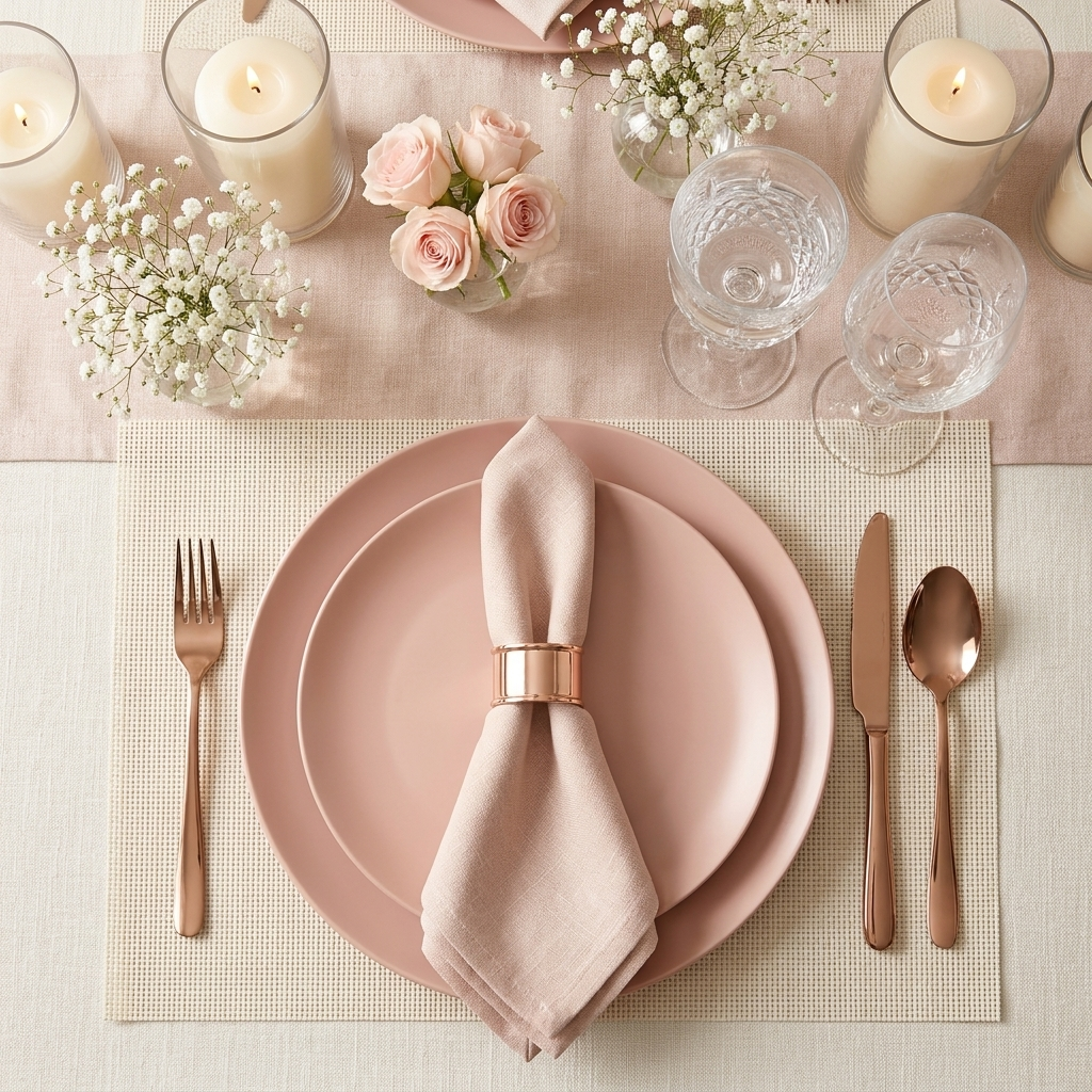 Elegant blush pink dinnerware table setting with rose gold cutlery, crystal glassware, baby's breath florals, and ivory linen runner