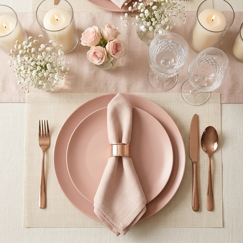 Elegant blush pink dinnerware table setting with rose gold cutlery, crystal glassware, baby's breath florals, and ivory linen runner