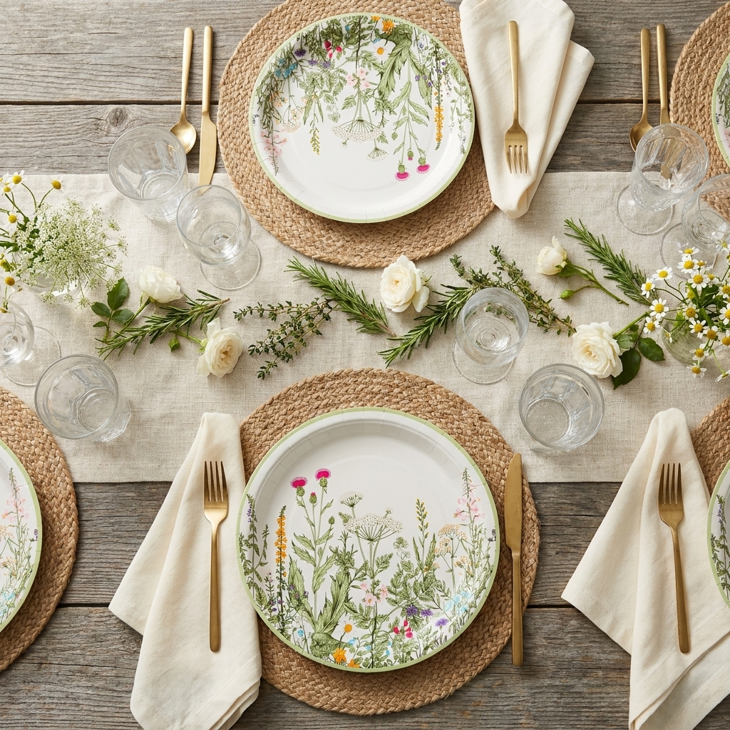 Wildflower botanical vintage garden dinner plates styled tablescape with ivory napkins and herb sprigs