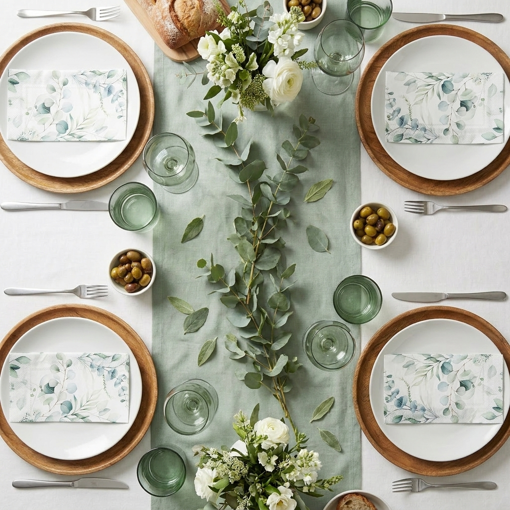 Fresh sage and eucalyptus garden brunch table setting with botanical print napkins, silver cutlery, and eucalyptus stems
