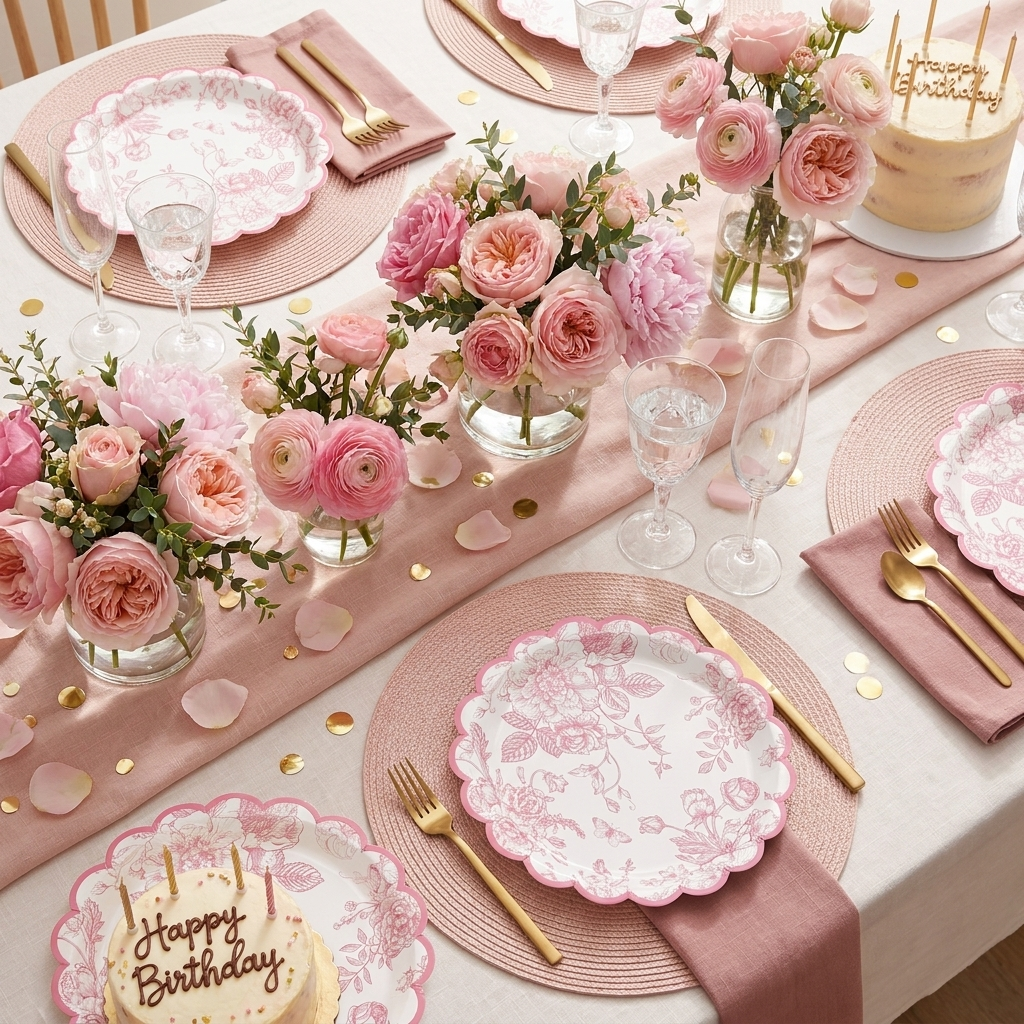 Pink floral disposable paper plates birthday tablescape with dusty rose napkins and gold cutlery