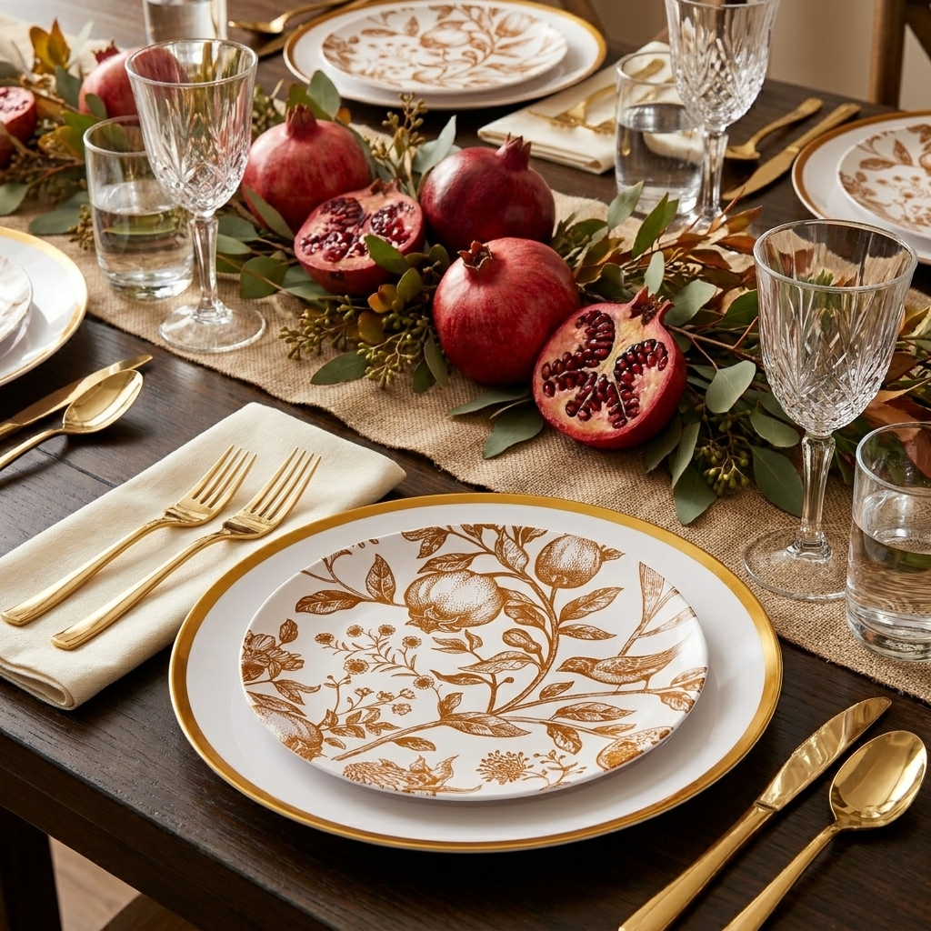 Elegant autumn dinner table with pomegranate-print disposable plates, gold cutlery, crystal glassware, and pomegranate fruit centerpiece