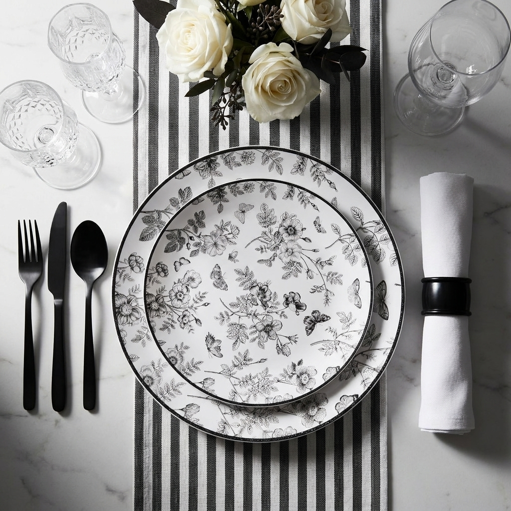 Dramatic black and white dinner table setting with monochrome disposable plates, matte black cutlery, white roses, and crystal glassware