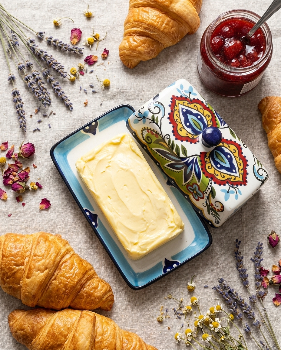 Overhead flat-lay of floral ceramic butter box open with croissants and jam